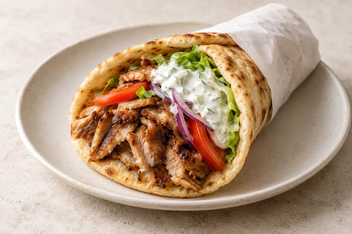 Sandwich grec sur un fond de lin clair.