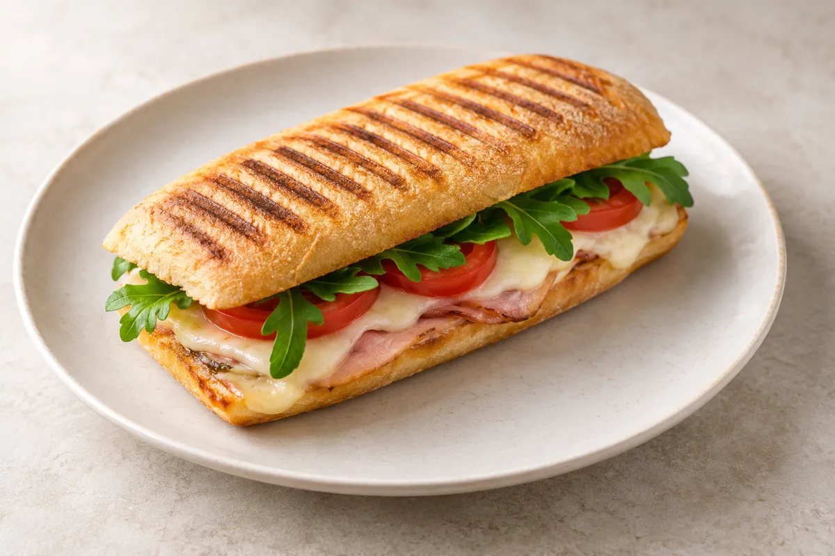 Sandwich panini sur un fond de lin clair.