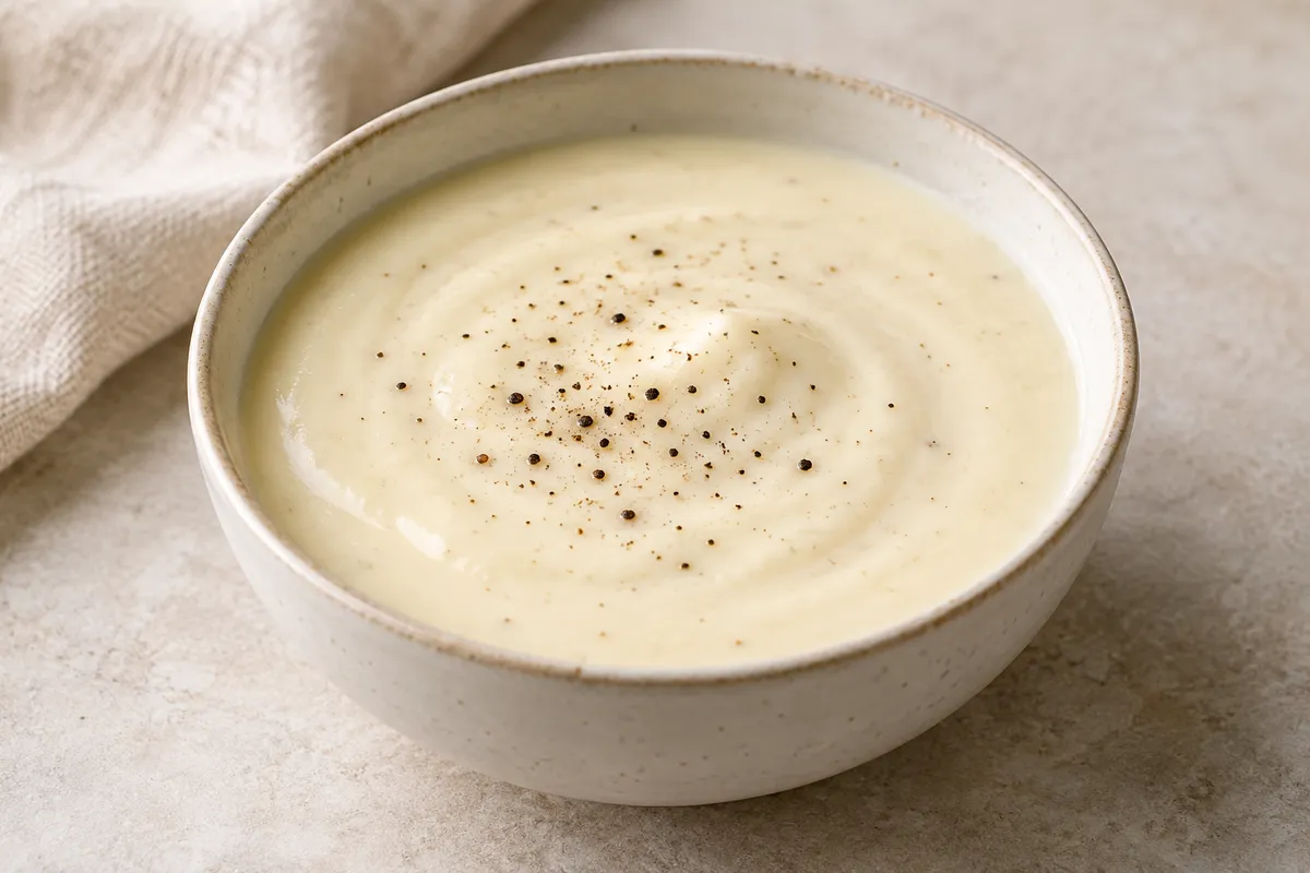 Sauce à la crème sur un fond de lin clair.
