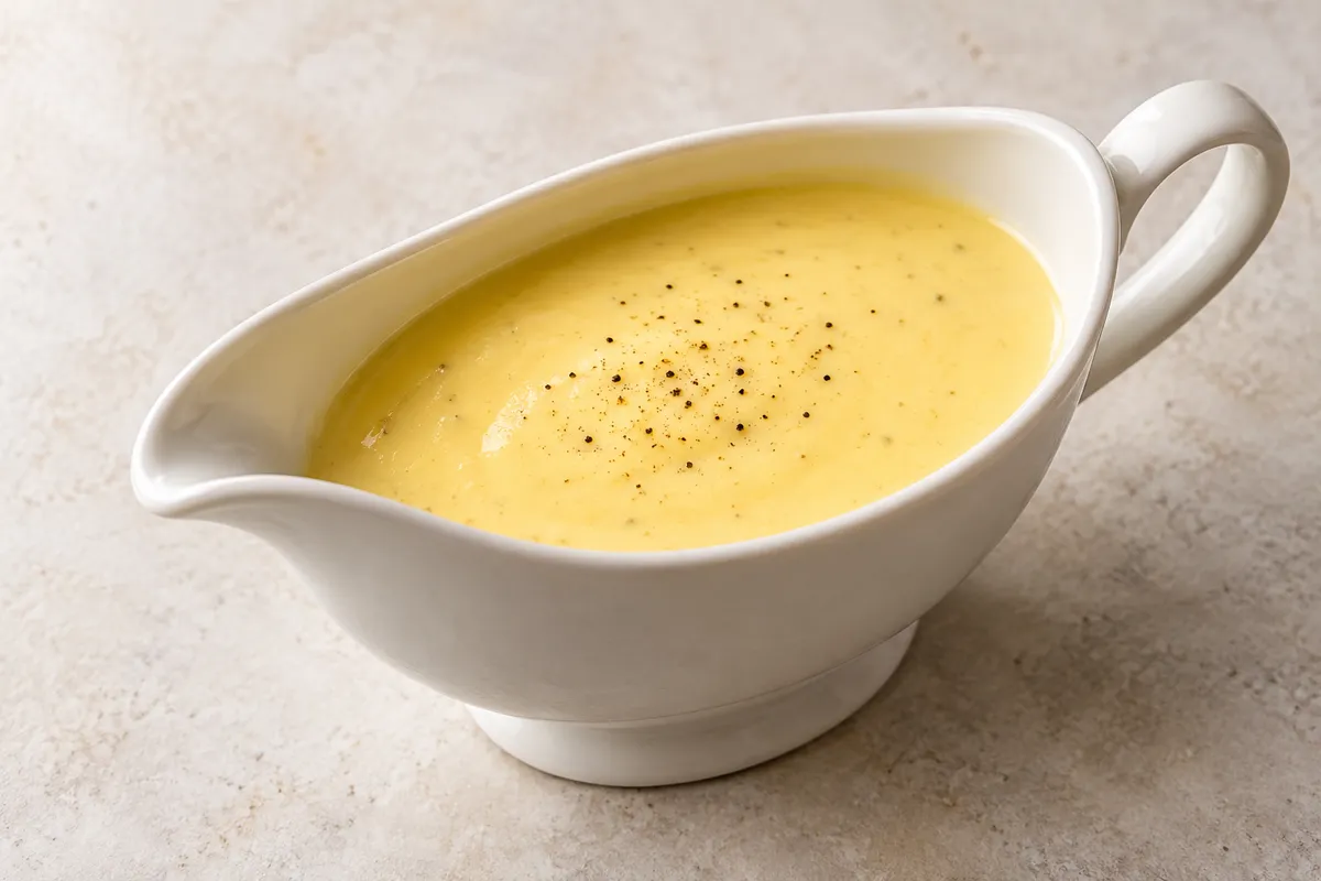 Sauce au beurre sur un fond de lin clair.