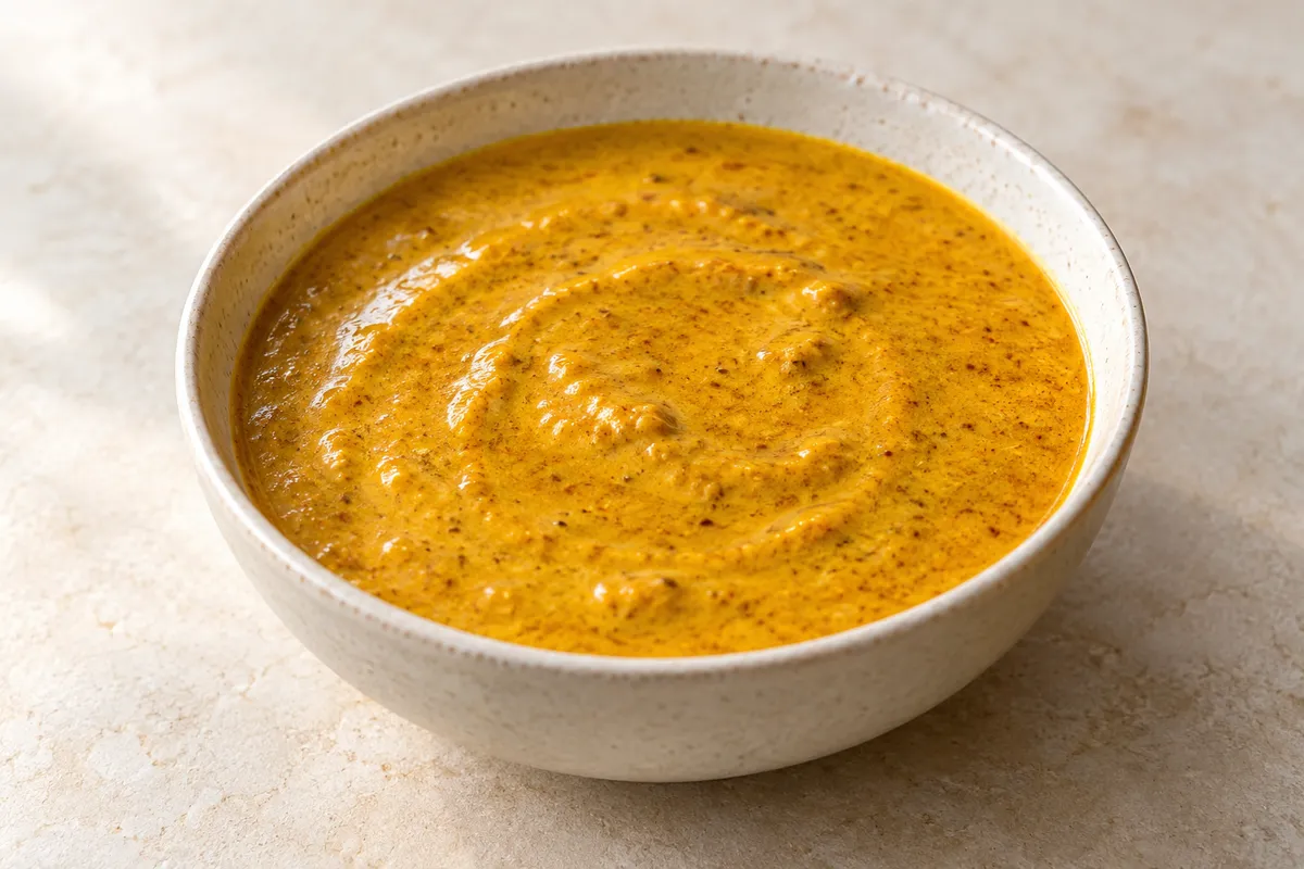 Sauce au curry sur un fond de lin clair.