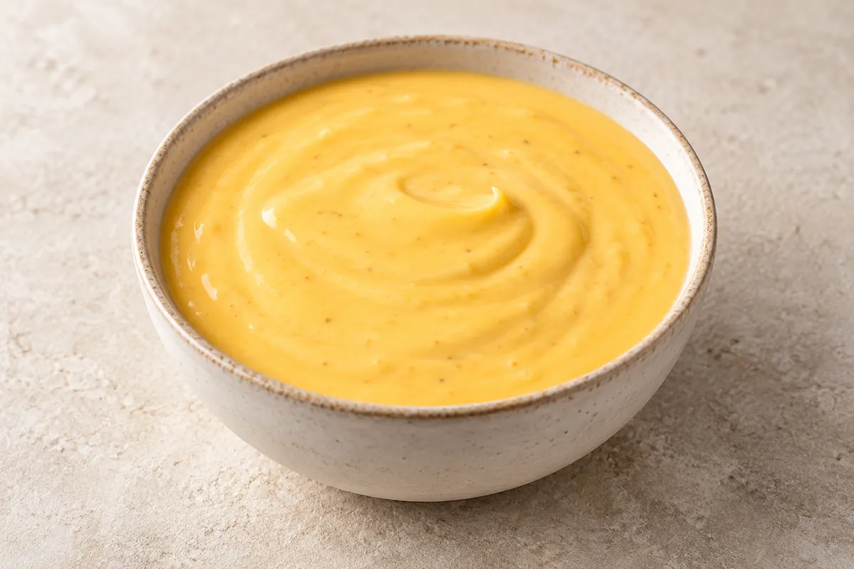 Sauce au fromage sur un fond de lin clair.