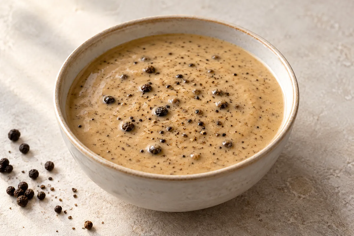 Sauce au poivre sur un fond de lin clair.