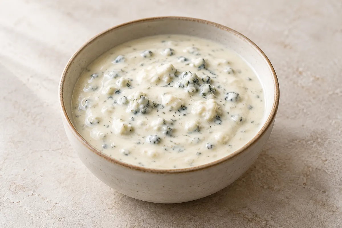 Sauce au roquefort sur un fond de lin clair.