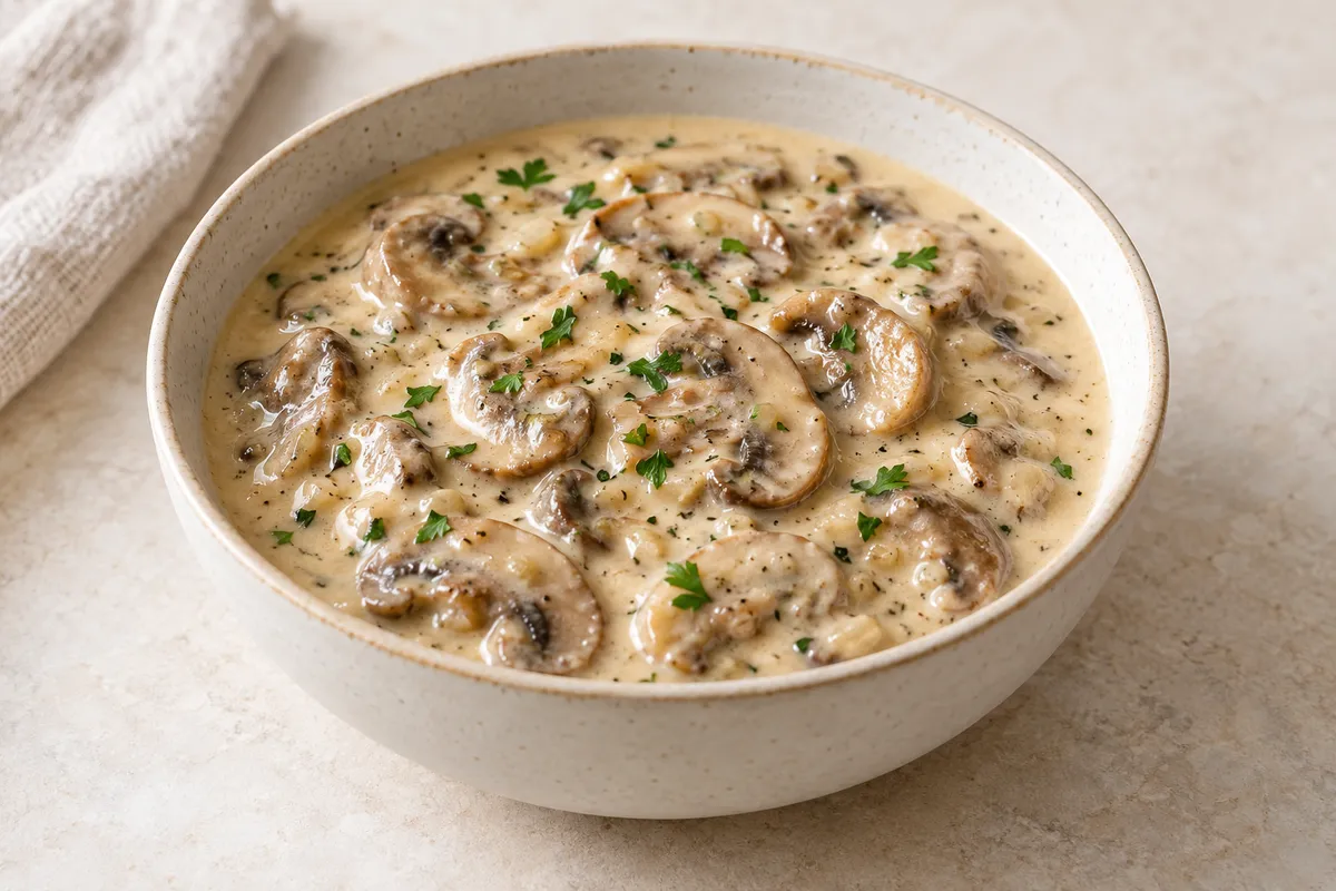 Sauce aux champignons sur un fond de lin clair.