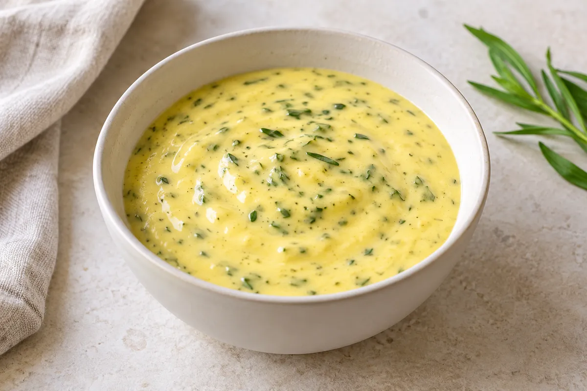 Sauce béarnaise sur un fond de lin clair.
