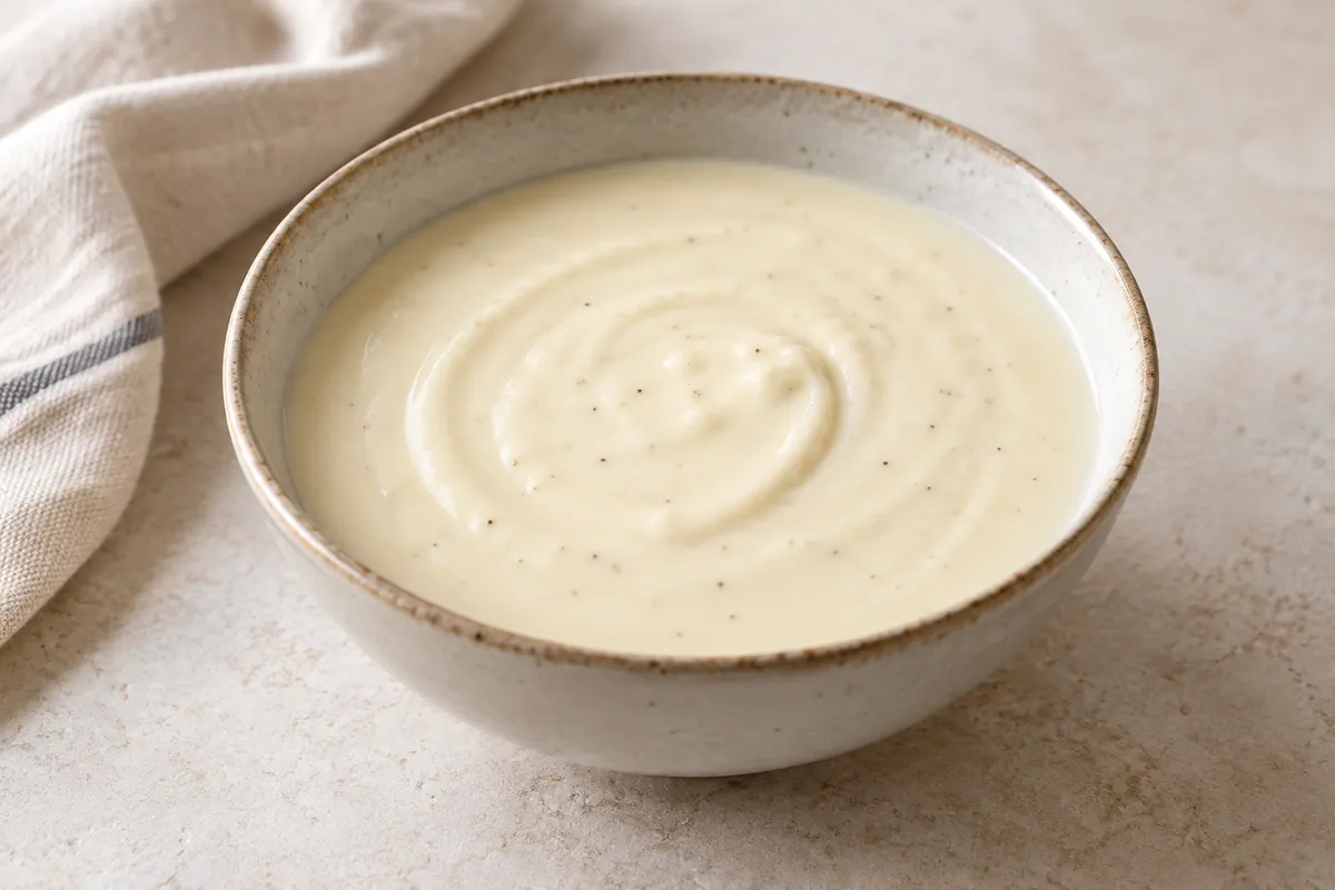 Sauce béchamel sur un fond de lin clair.