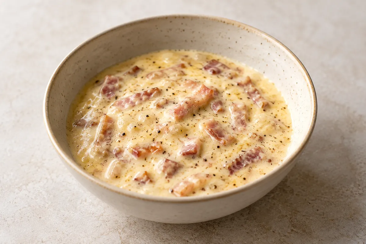 Sauce carbonara sur un fond de lin clair.
