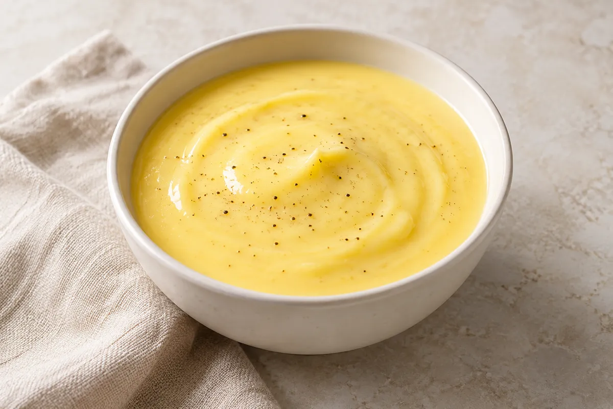 Sauce hollandaise sur un fond de lin clair.