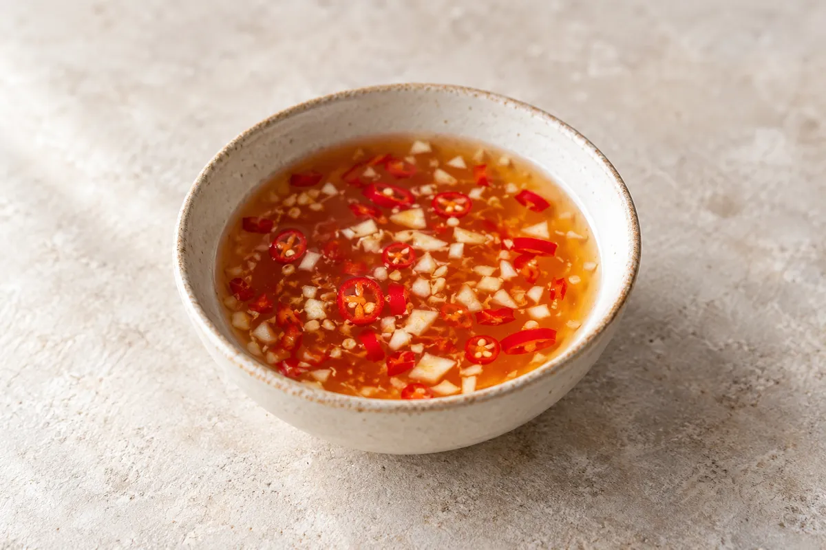Sauce nuoc sur un fond de lin clair.