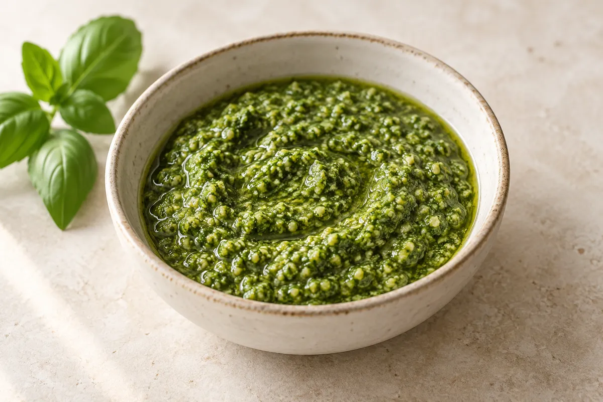 Sauce pesto sur un fond de lin clair.