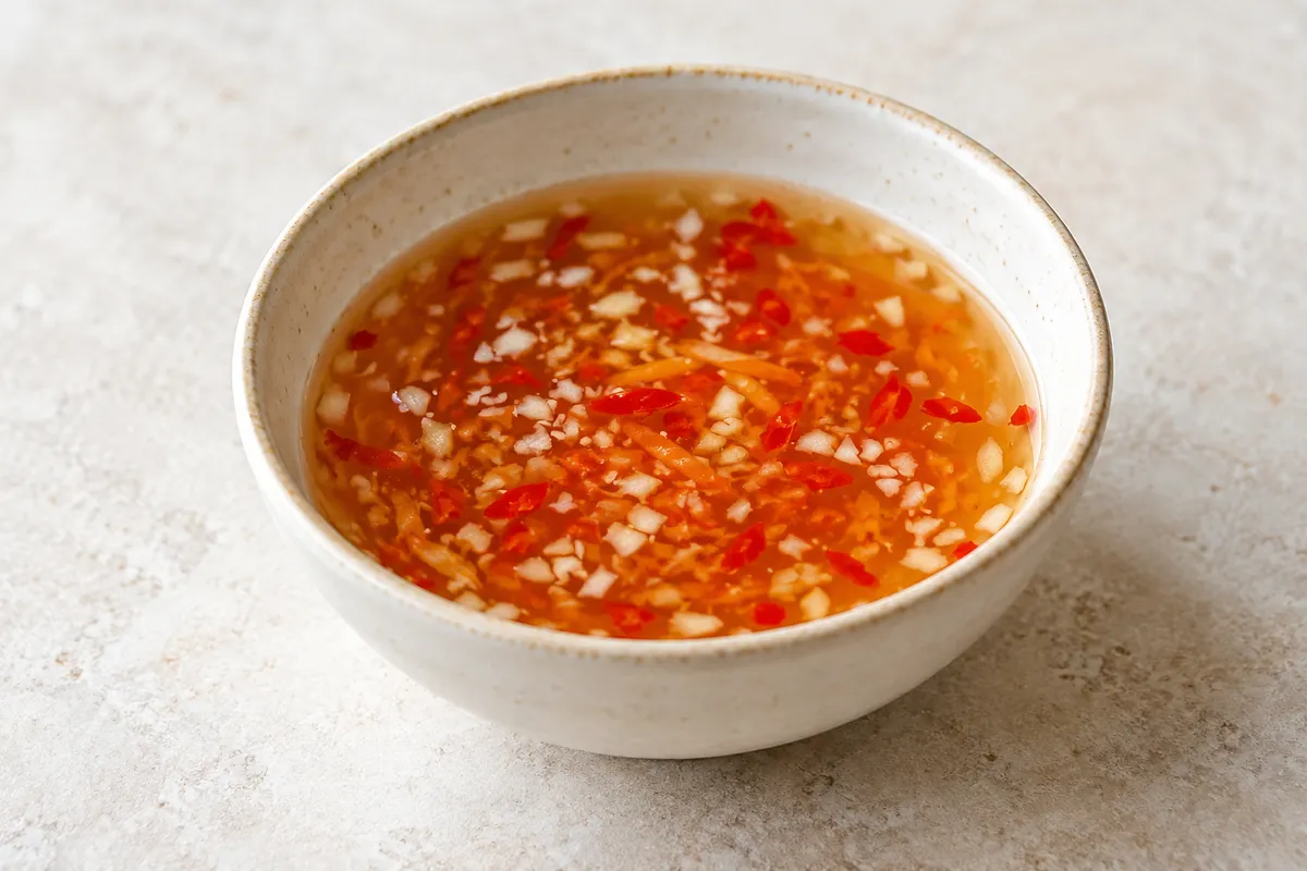 Sauce pour nems sur un fond de lin clair.