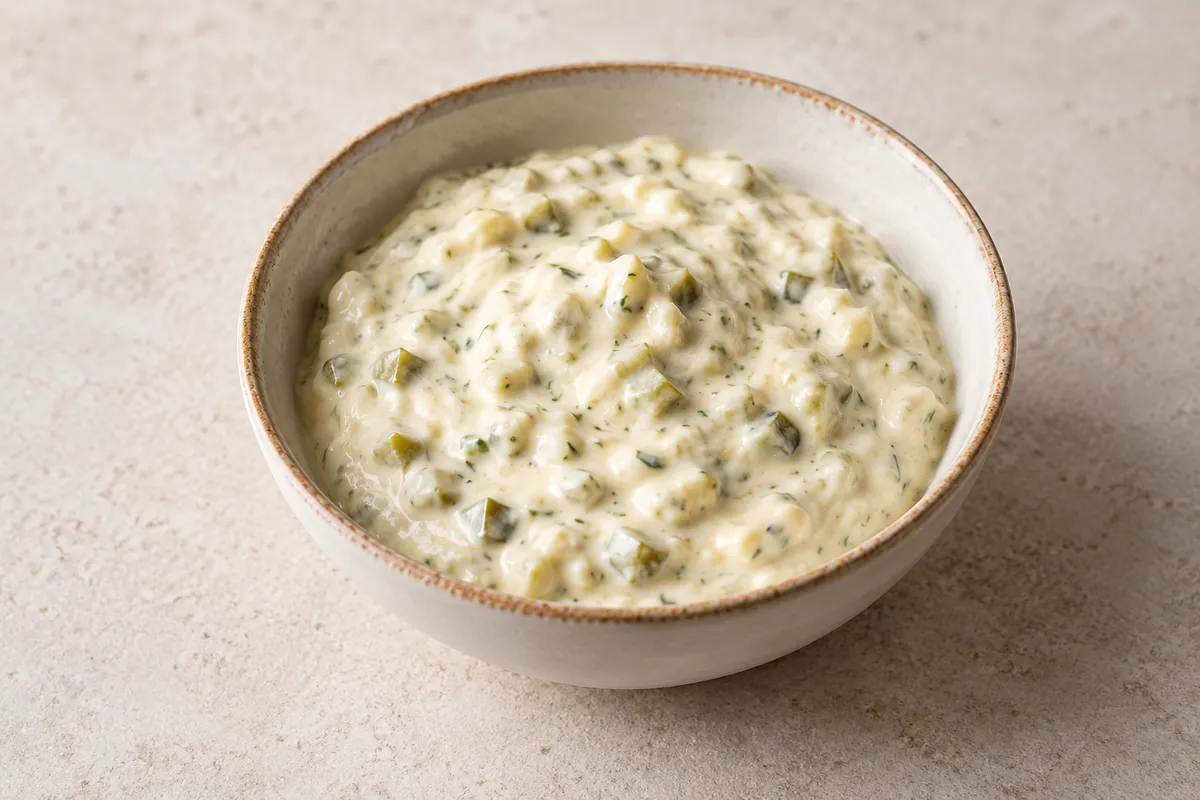 Sauce tartare sur un fond de lin clair.