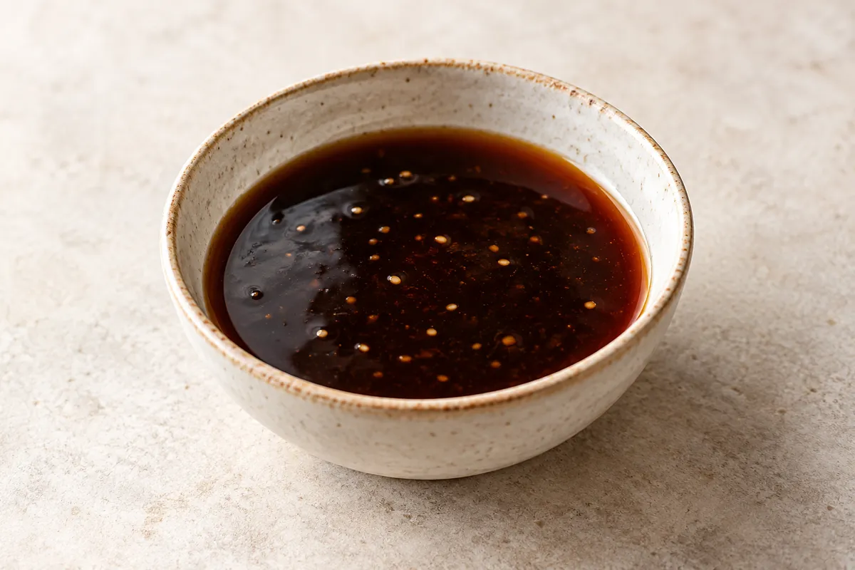 Sauce teriyaki sur un fond de lin clair.