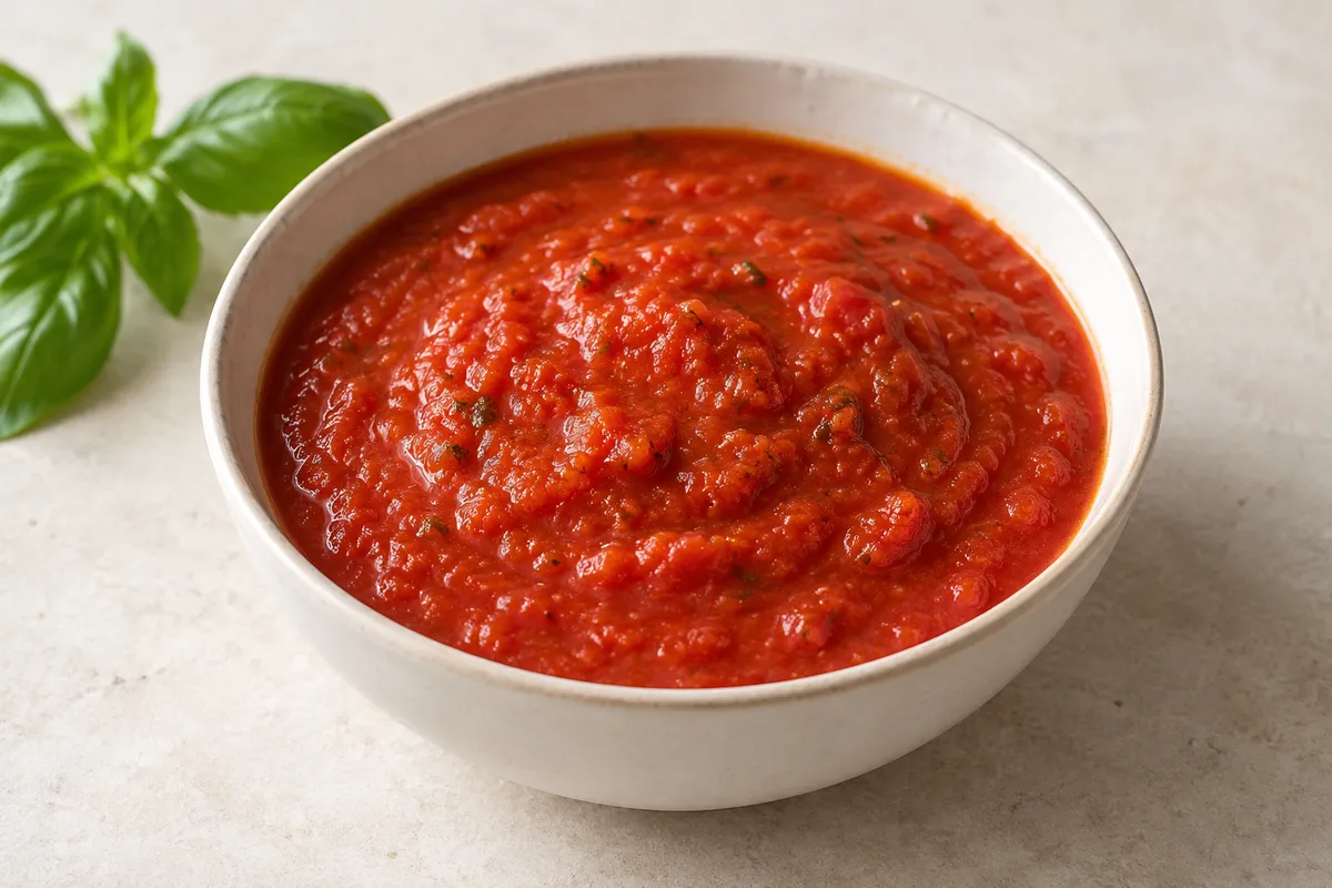 Sauce tomate sur un fond de lin clair.