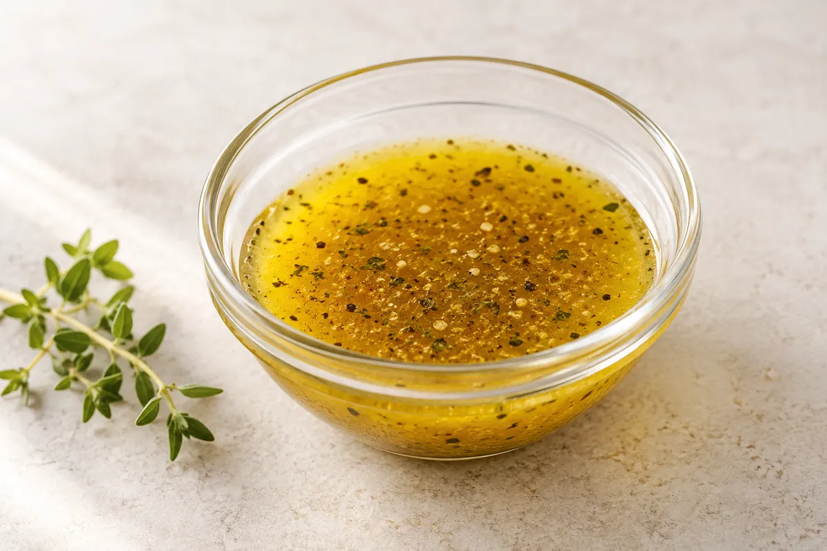 Sauce vinaigrette sur un fond de lin clair.
