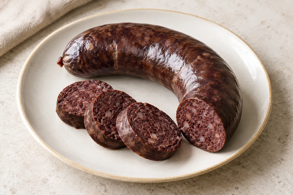 Saucisse de foie sur un fond de lin clair.