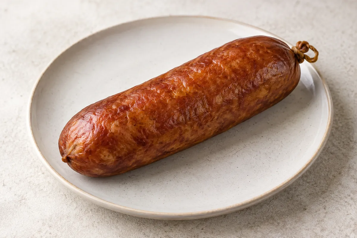 Saucisse de morteau sur un fond de lin clair.