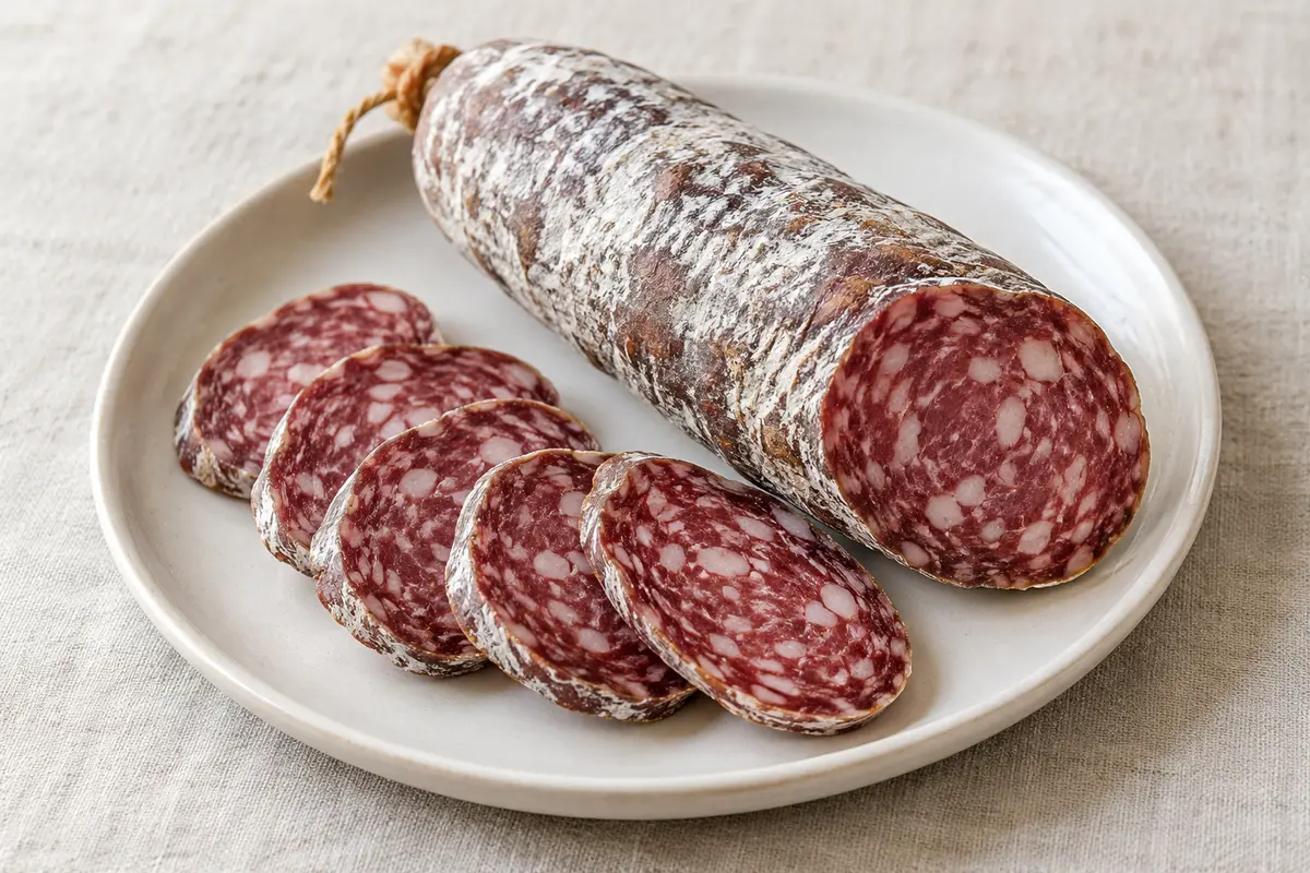 Saucisson de cheval sur un fond de lin clair.