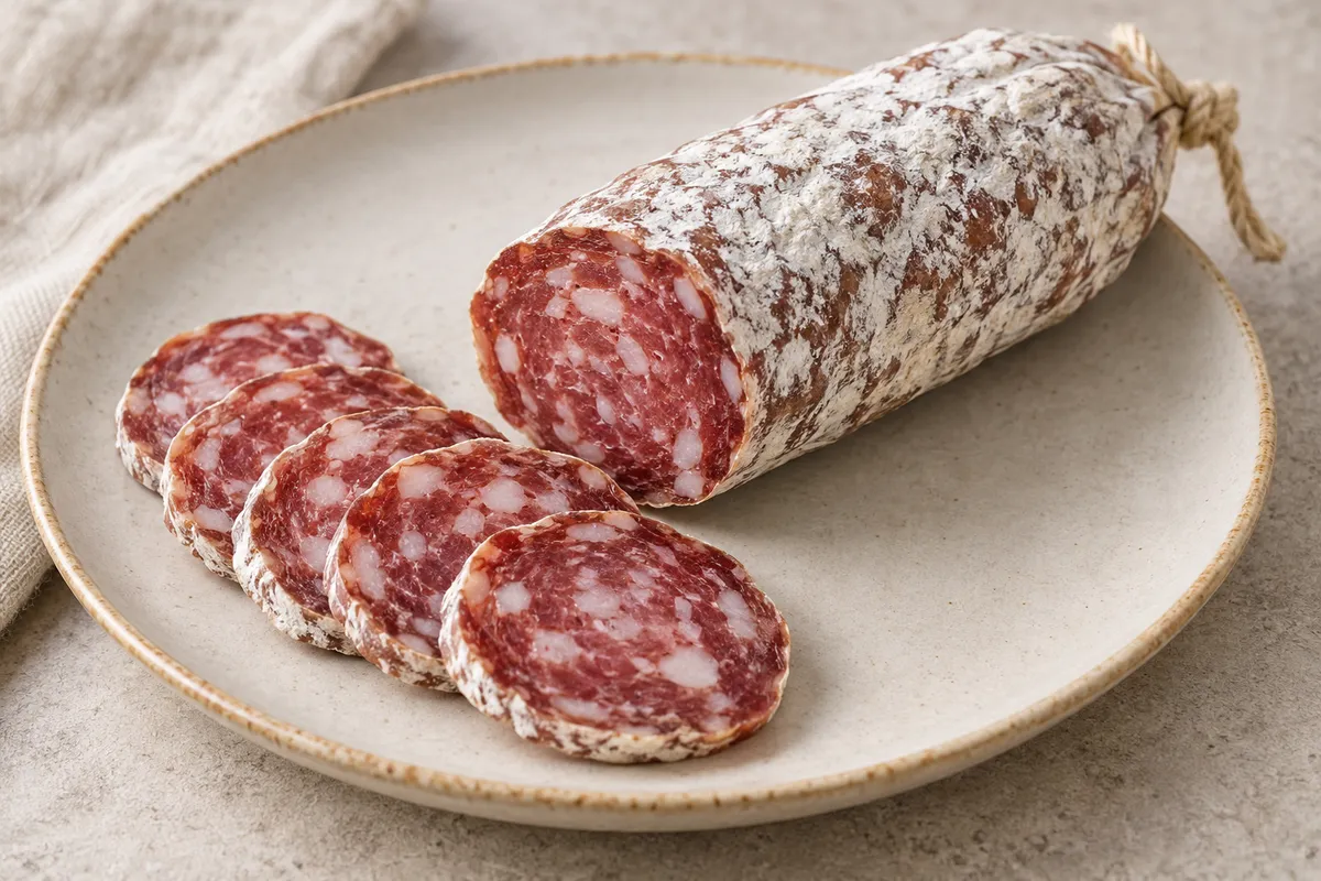 Saucisson sur un fond de lin clair.