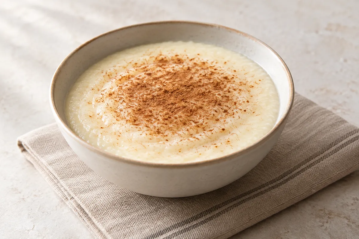 Semoule au lait sur un fond de lin clair.