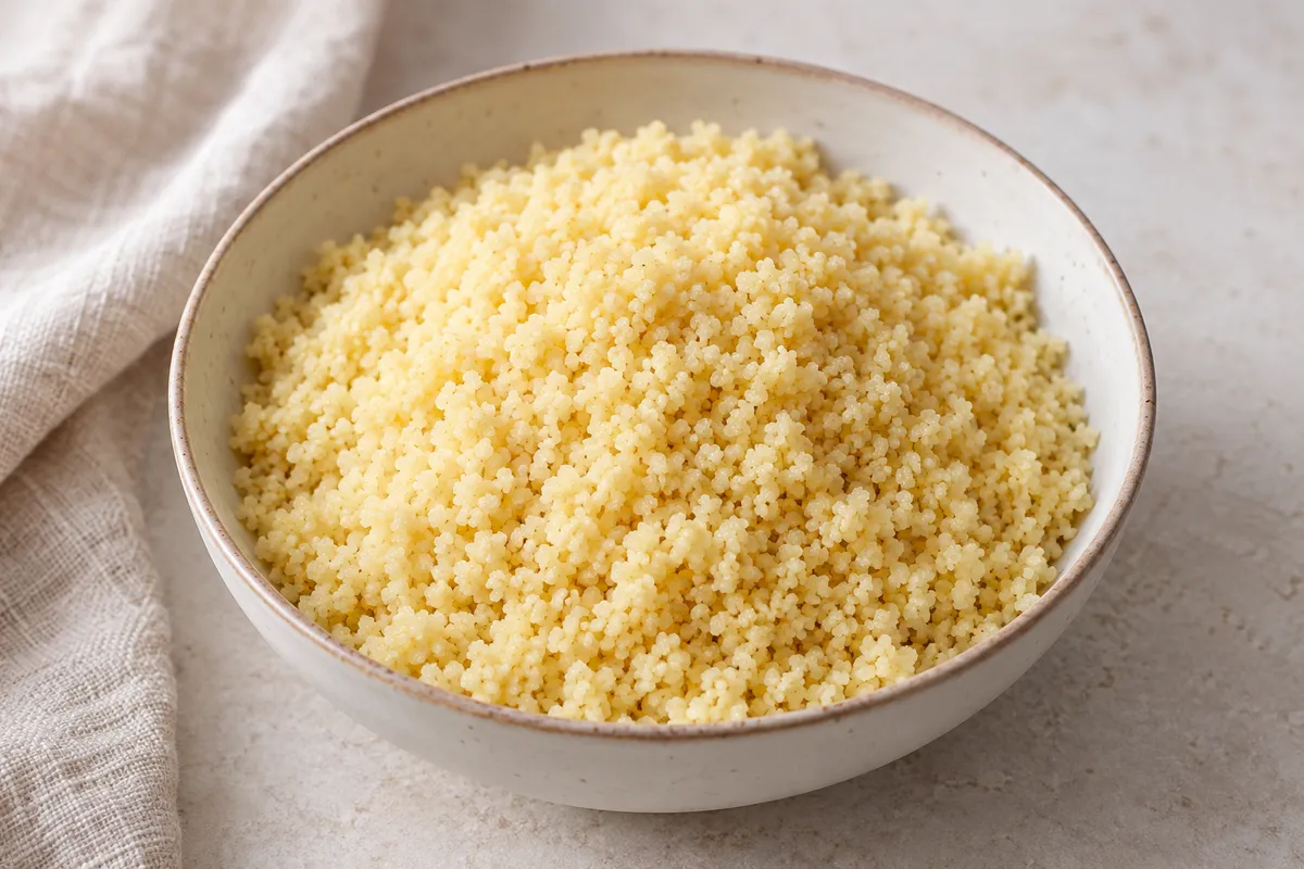 Semoule de couscous sur un fond de lin clair.