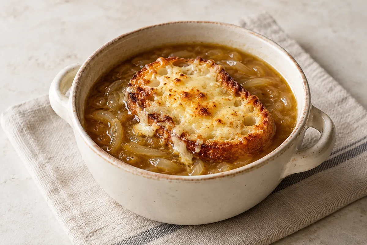 Soupe à l'oignon sur un fond de lin clair.