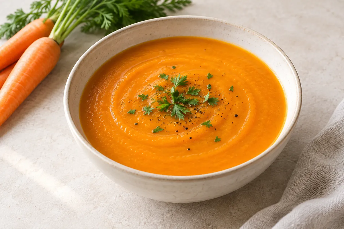 Soupe à la carotte sur un fond de lin clair.