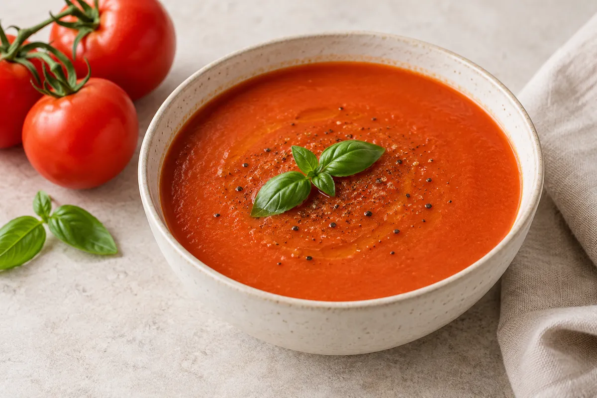Soupe à la tomate sur un fond de lin clair.