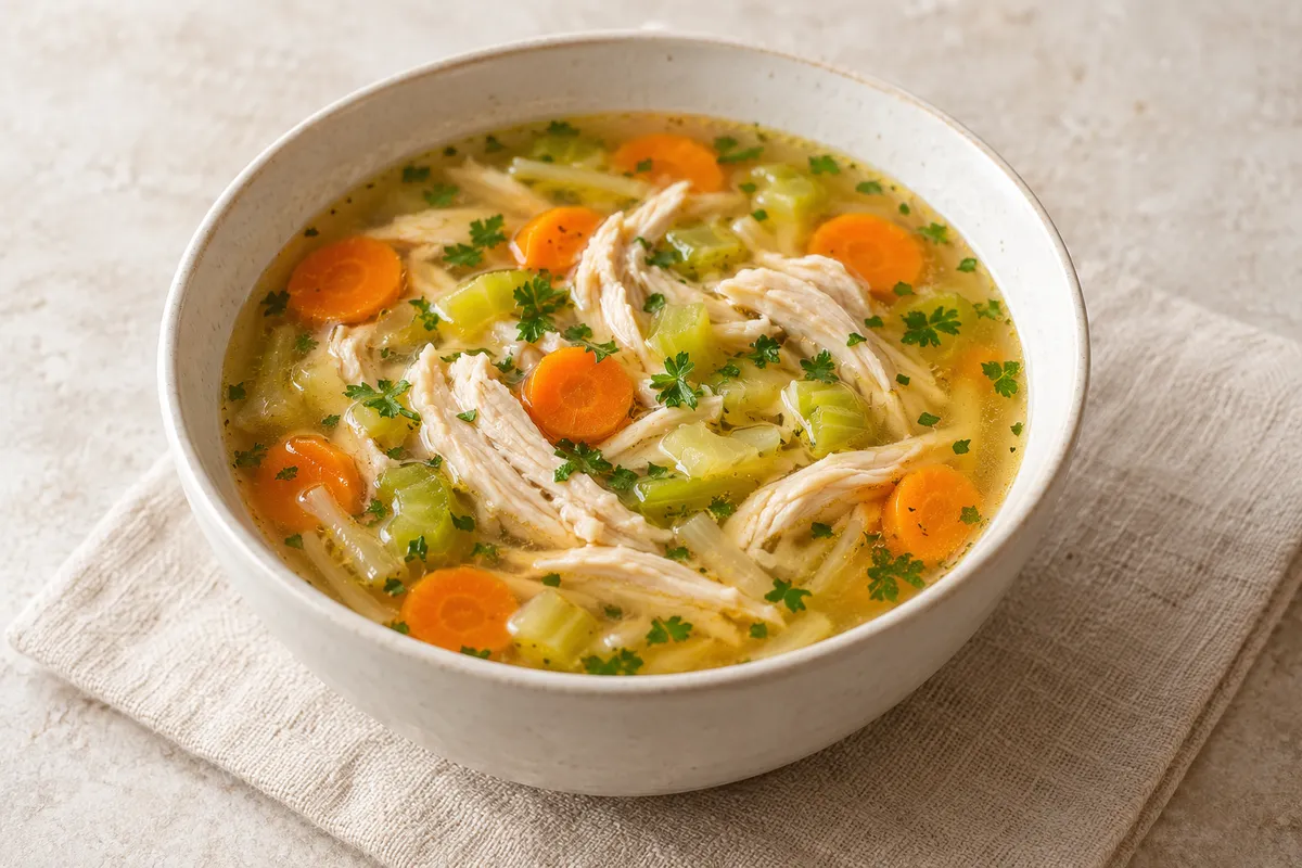 Soupe à la volaille sur un fond de lin clair.