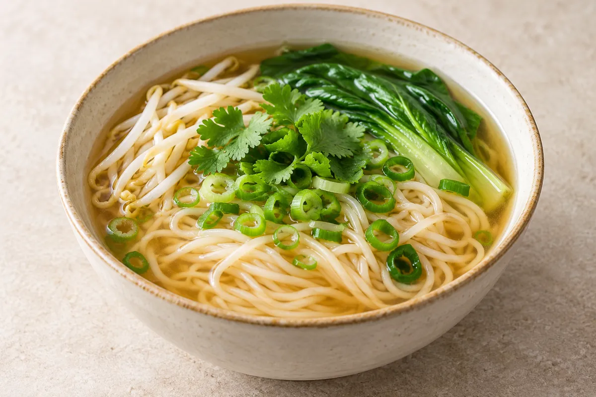 Soupe asiatique sur un fond de lin clair.
