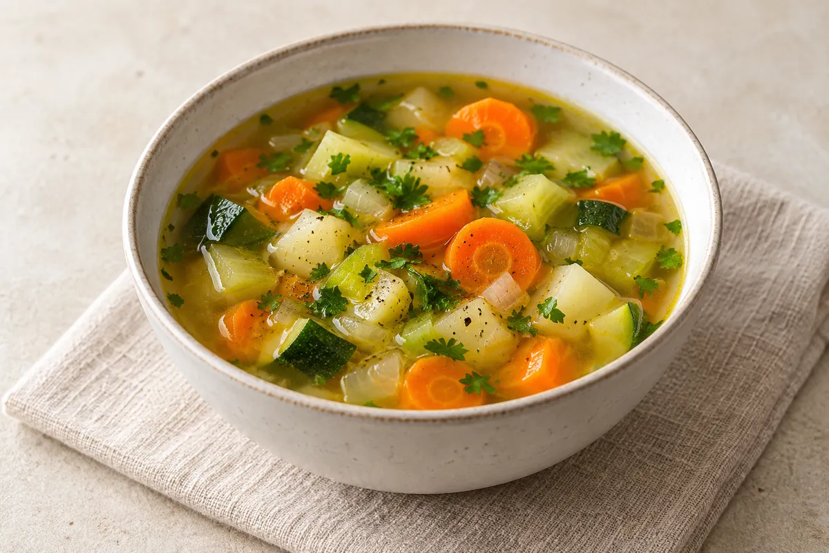 Soupe aux légumes sur un fond de lin clair.