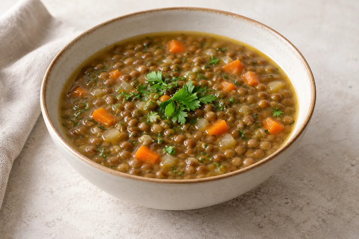 Soupe aux lentilles sur un fond de lin clair.