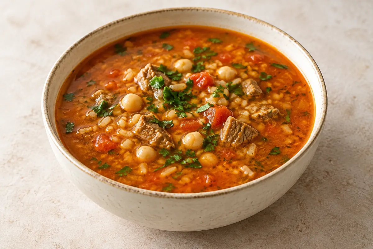 Soupe chorba sur un fond de lin clair.