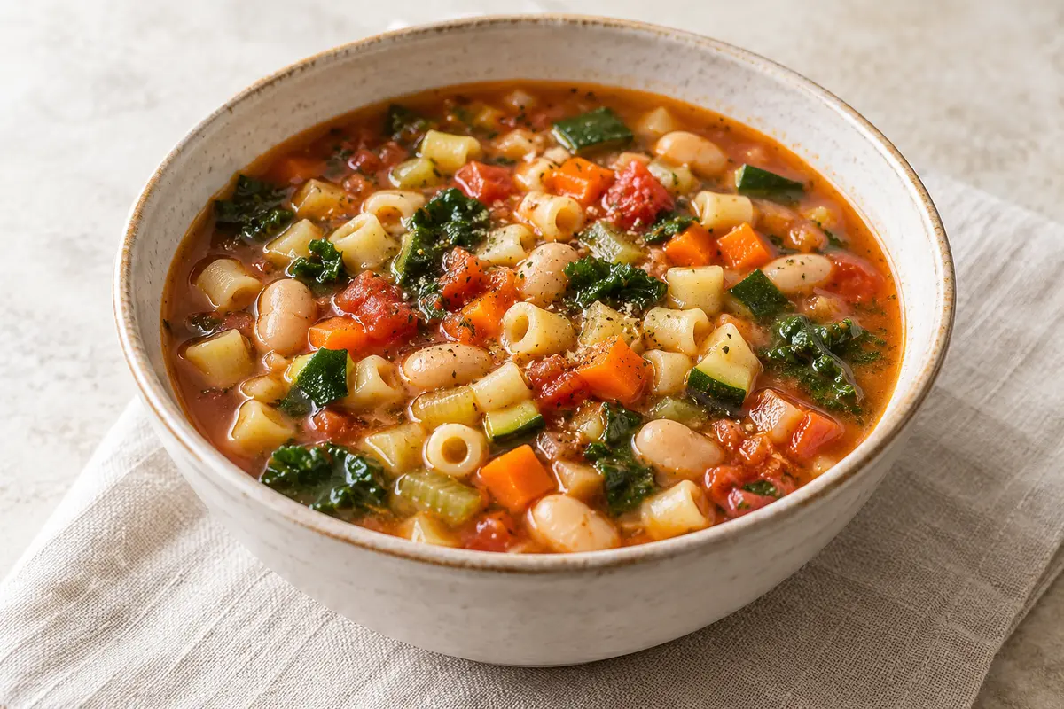 Soupe minestrone sur un fond de lin clair.