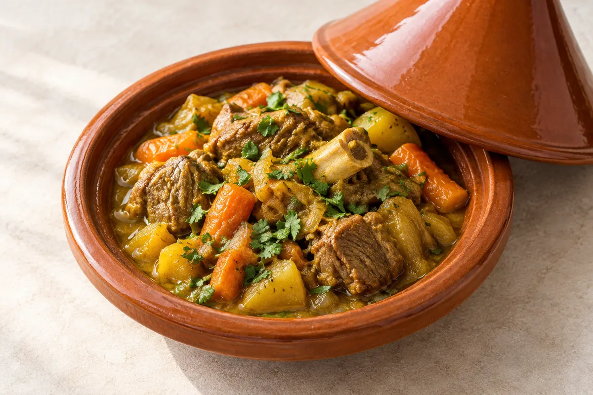 Tajine de mouton sur un fond de lin clair.