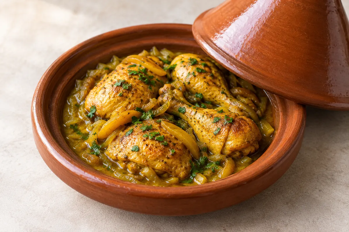 Tajine de poulet sur un fond de lin clair.