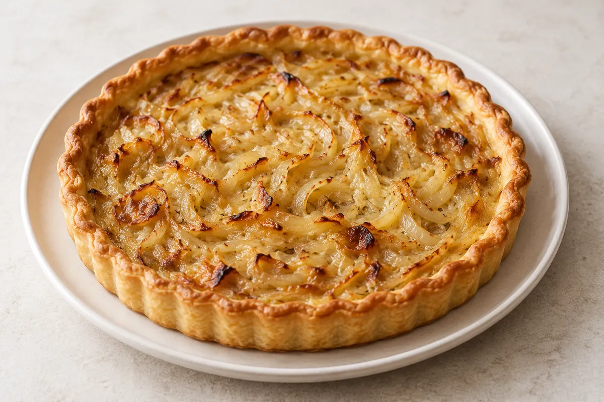 Tarte à l'oignon sur un fond de lin clair.