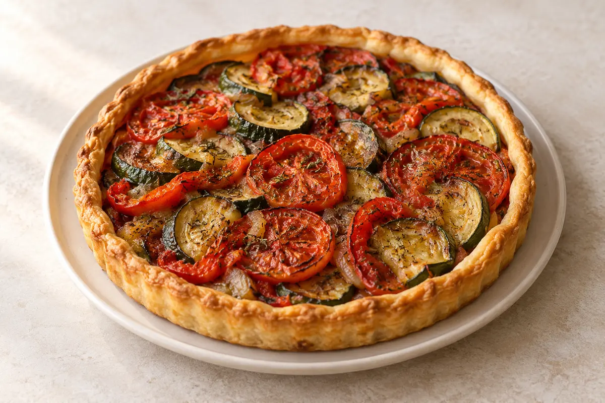Tarte à la provençale sur un fond de lin clair.
