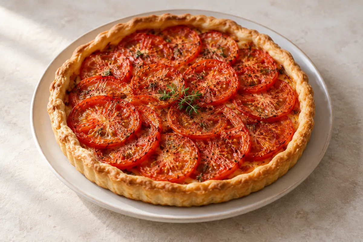 Tarte à la tomate sur un fond de lin clair.