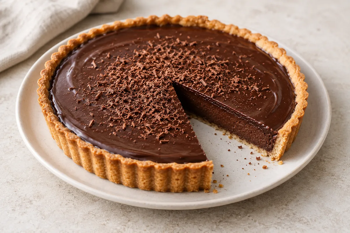 Tarte au chocolat sur un fond de lin clair.