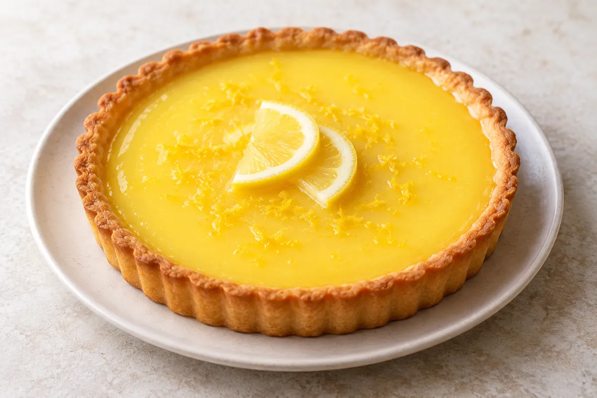 Tarte au citron sur un fond de lin clair.