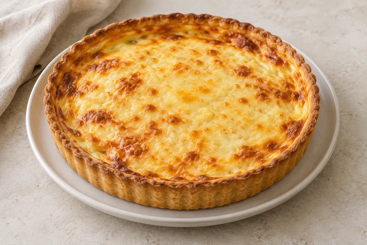 Tarte au fromage sur un fond de lin clair.