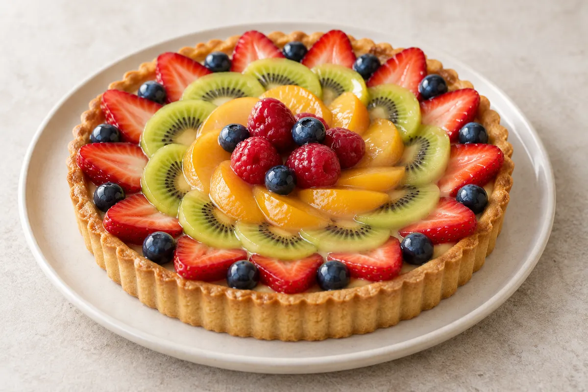 Tarte aux fruits sur un fond de lin clair.