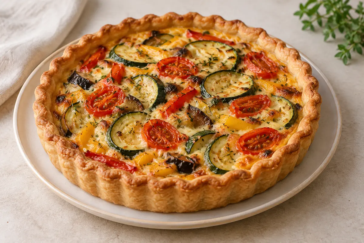 Tarte aux légumes sur un fond de lin clair.