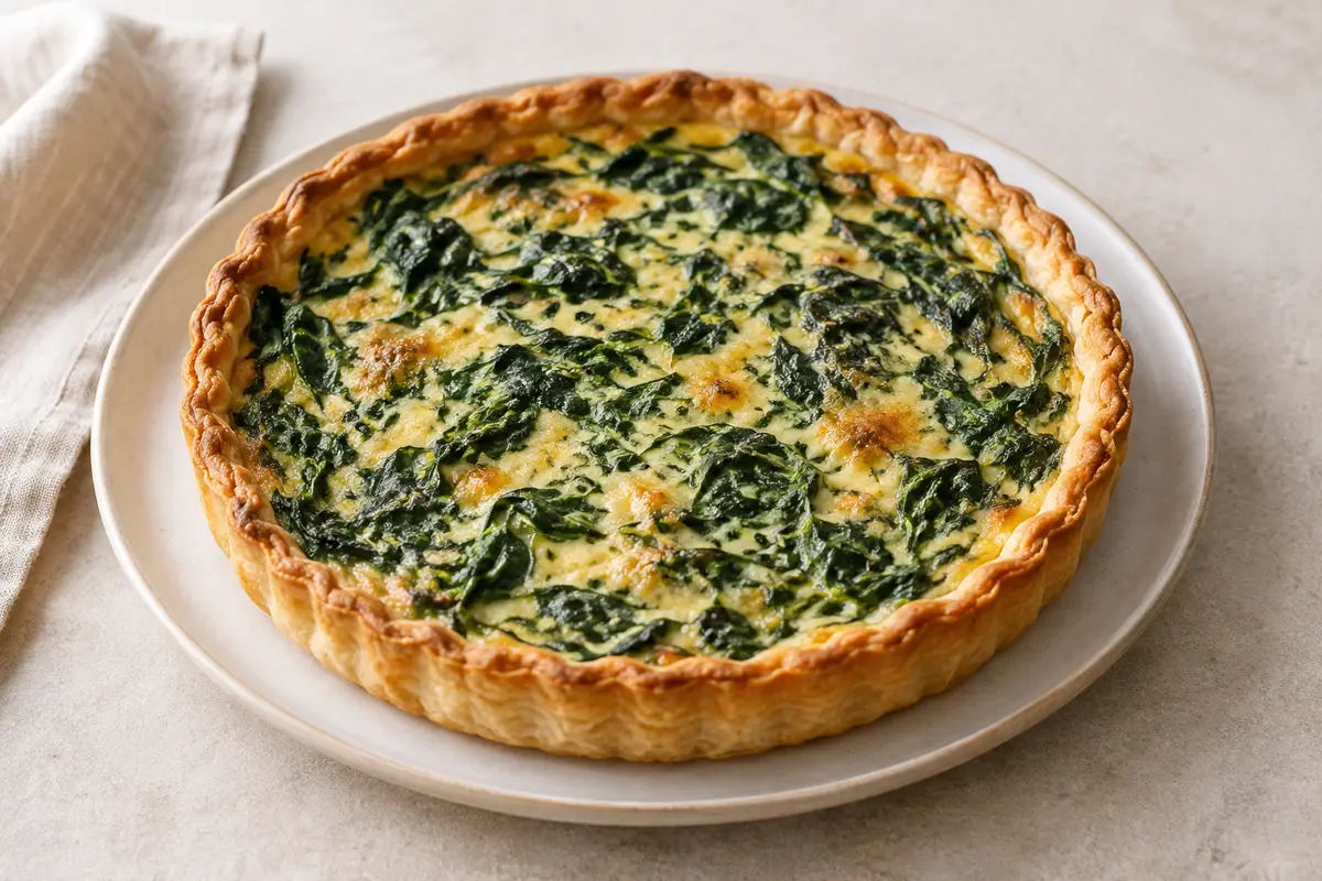 Tarte épinard sur un fond de lin clair.