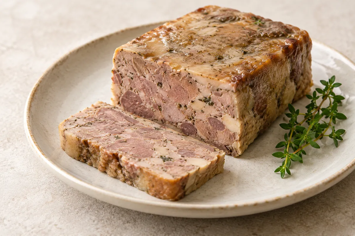 Terrine de canard sur un fond de lin clair.