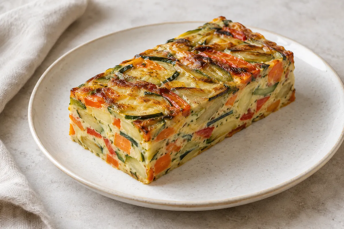Terrine de légumes sur un fond de lin clair.