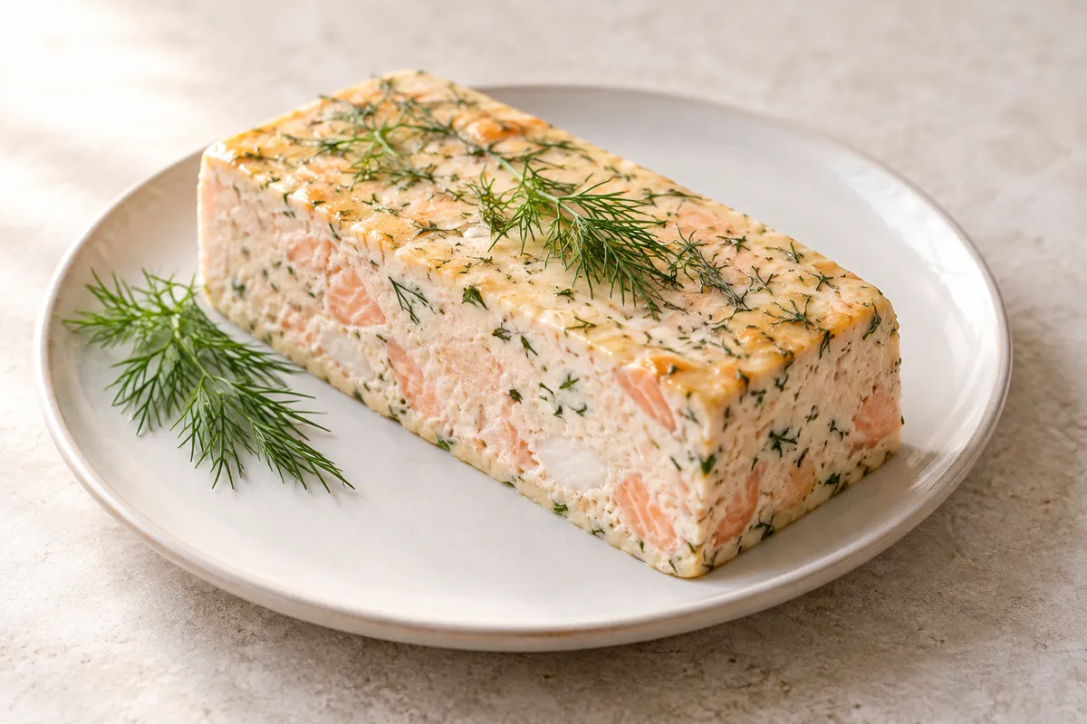 Terrine de poisson sur un fond de lin clair.