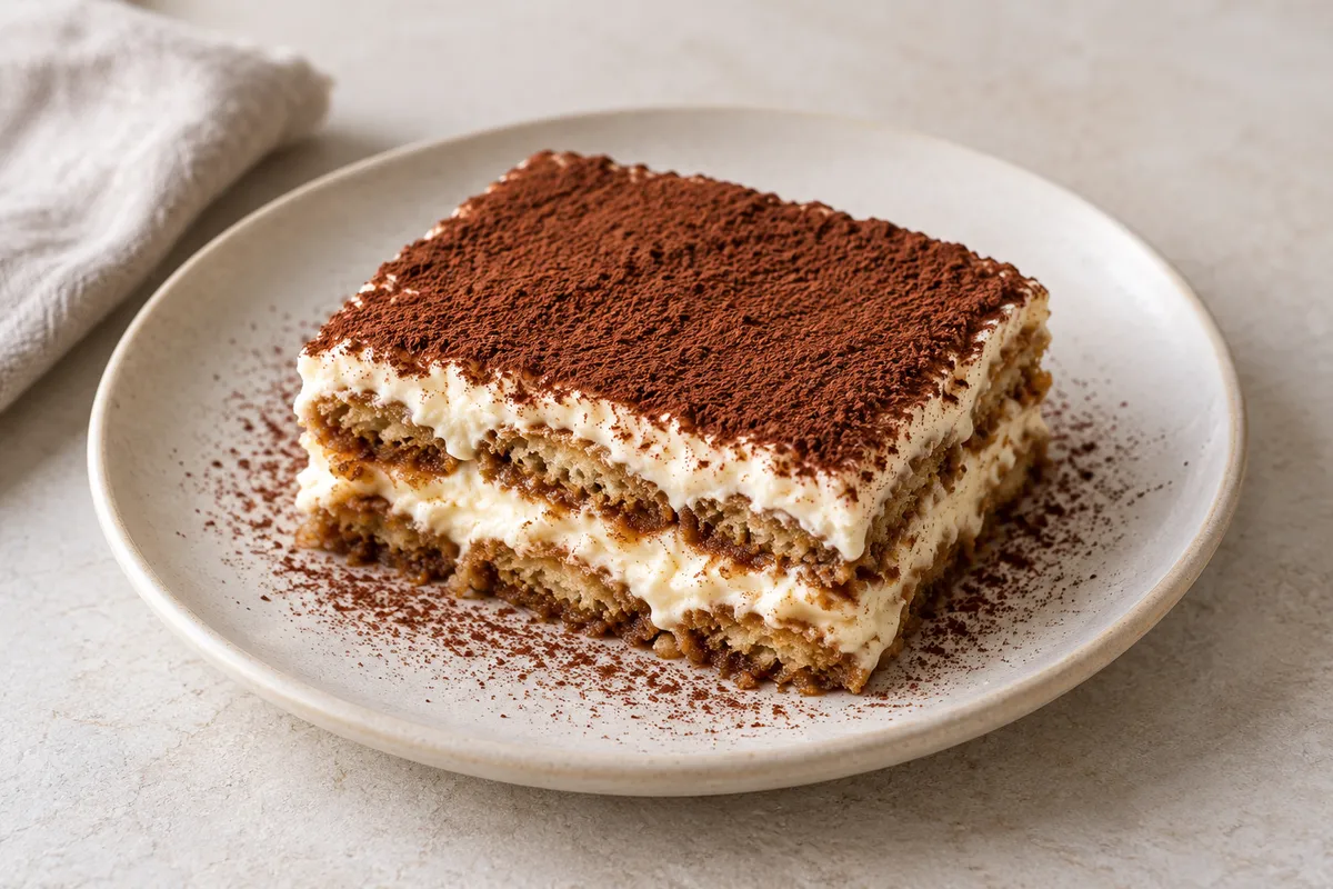 Tiramisu au café sur un fond de lin clair.